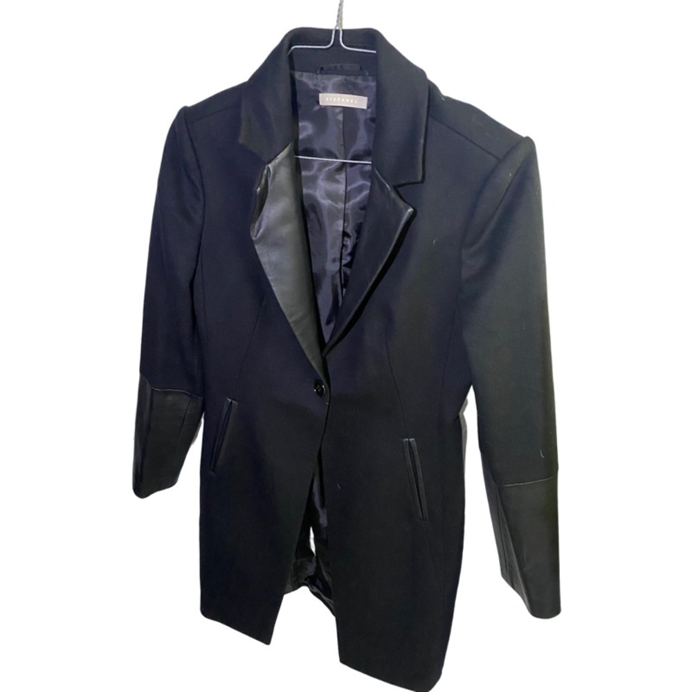 Stefanel size 6 black jacket with leather trim